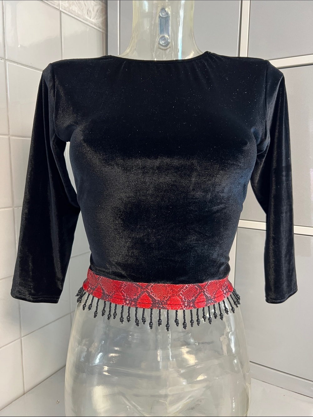 Velvet Tie-Back Bead Fringe Python 3/4 Slv Dance Top M NWOT